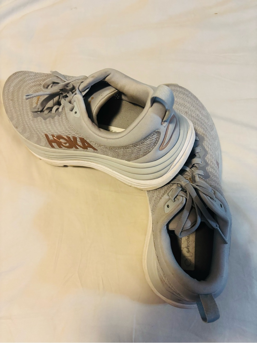Hoka Womans Light Gray Athletic Running Shoes with Copper Logo